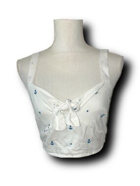 White Nautical Tie-Front Crop Top with Blue Anchor Print by Jopna Beach Summer